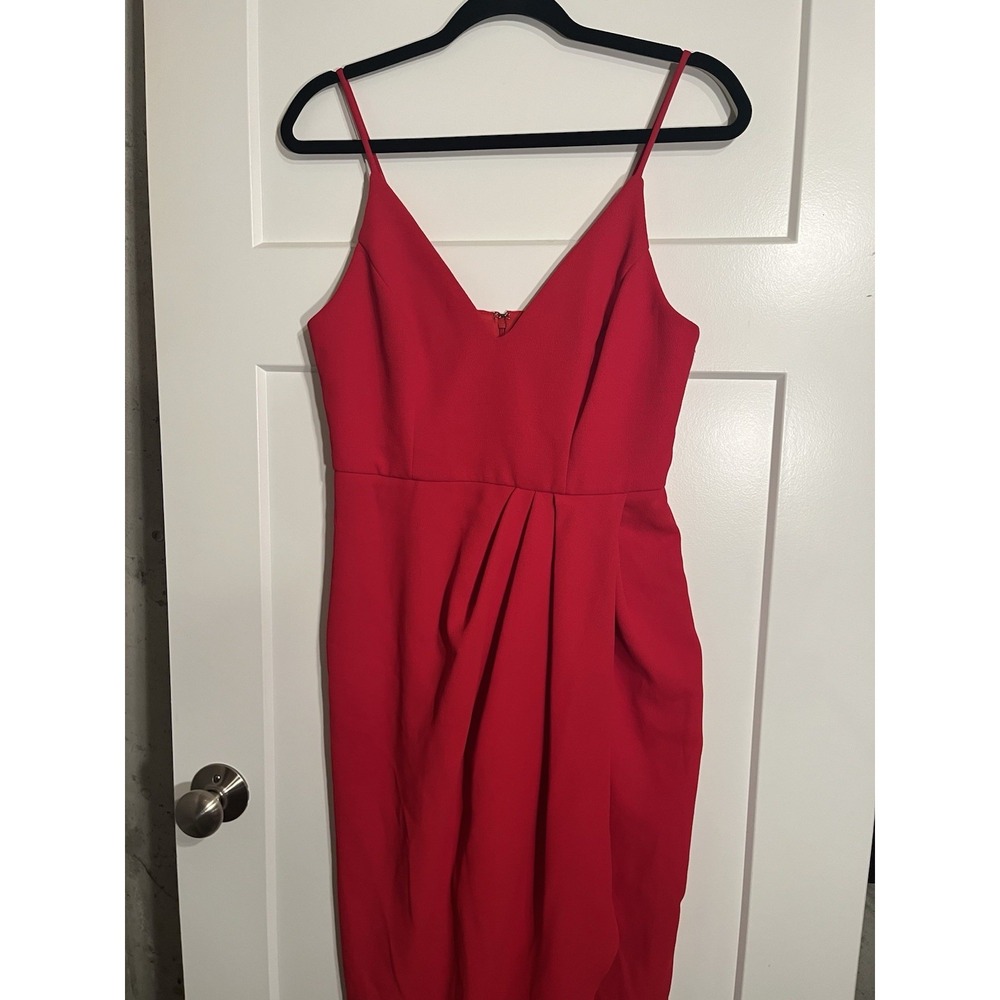 Xscape Womens Red Midi Cocktail Dress V Neck Sleeveless Sheath Size 8 NWT